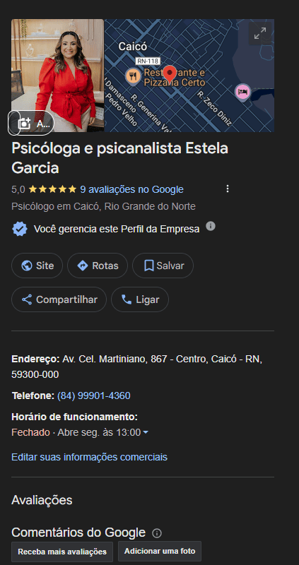Perfil da Empresa gerenciado para psicologia com agenda online