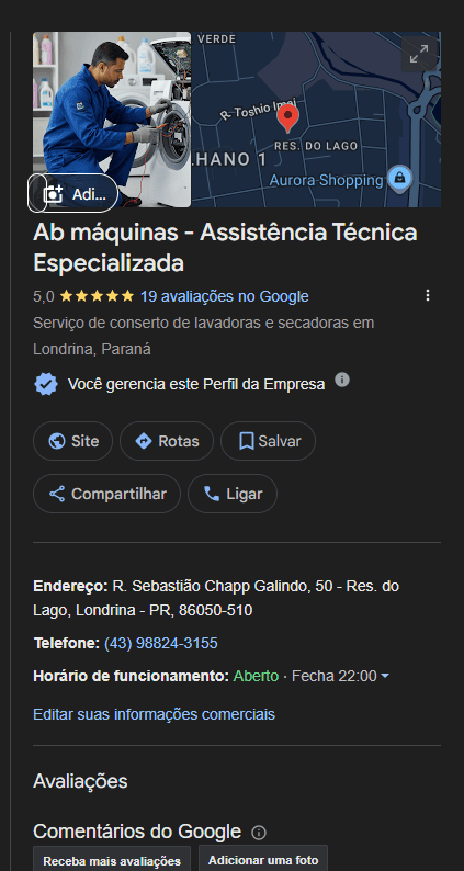 Perfil da Empresa gerenciado para assistencia tecnica
