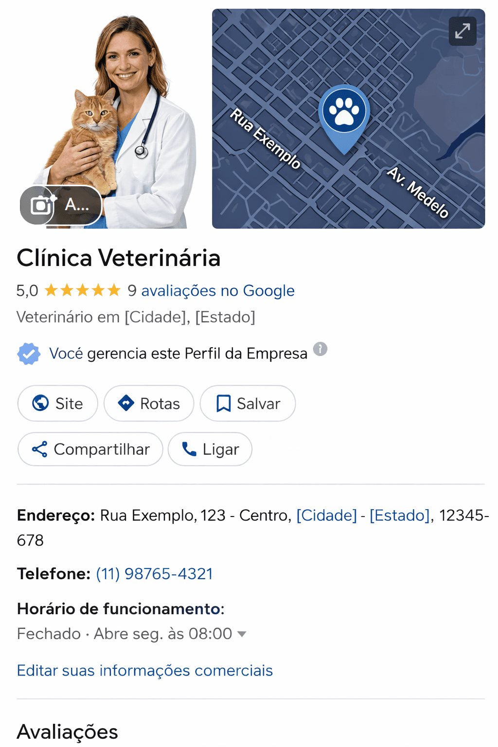 Mockup realista de Perfil da Empresa no Google para clinica veterinaria